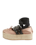 Ankle-Wrap Platform Espadrille Flat, Nudo/Nero