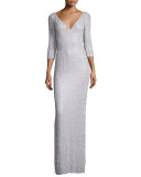3/4-Sleeve Embellished Column Gown, Pale Wisteria