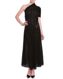 One-Shoulder Floral-Lace Lined Gown, Black