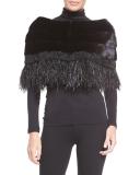 Adler Mink Fur Capelet W/Feather Trim, Black