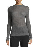 Long-Sleeve Sheer Ribbed Pullover Sweater, Charcoal