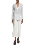 Striped Split-Neck Button-Down Shirt