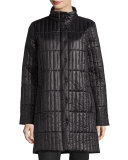 Quilted Nylon Knee-Length Coat, Black, Petite