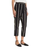 Two-Tone Paillette-Stripe Cropped Pants, Black