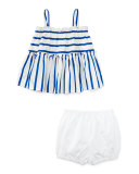 Smocked Striped Poplin Top w/ Bloomers, Blue/White, Size 9-24 Months