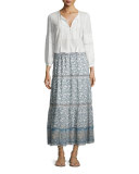 Kenath Floral-Print Silk Prairie Skirt, White/Blue