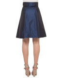 Iridescent High-Waist Belted A-Line Skirt, Navy