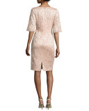 Short-Sleeve Floral Lace Cocktail Dress, Blush