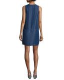 Lace-Up Sleeveless Chambray Dress, Dark Blue