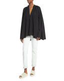 Shirred Silk-Blend Oversized Top, Black
