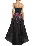 Strapless Threadwork High-Low Gown, Jet