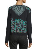 Scroll-Paisley Crewneck Sweater, Turquoise/Black