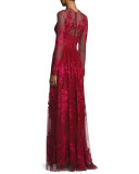 Floral-Embroidered Long-Sleeve Gown, Scarlet