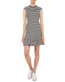 Striped Cap-Sleeve Flounce Dress, Black/Cream