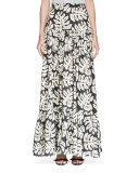 Palm-Print Pleated Maxi Skirt, White/Black