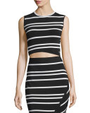 Onissa Sleeveless Bias-Striped Crop Top, Black