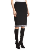 Fringe-Trim Boucle Pencil Skirt, Caviar/Frost