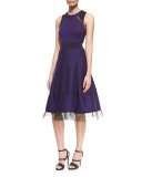 Mesh-Inset Belted Fit-And-Flare Combo Dress