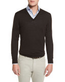 High-Performance Merino Wool V-Neck Sweater, Brown