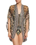 Open-Front Embellished Silk Cardigan/Cape Coverup, Weave of the Wild