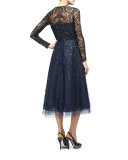 Long-Sleeve Degrade Embellished Midi Dress, Navy/Black