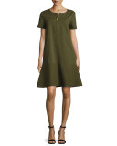Vinita Short-Sleeve Bi-Stretch Dress, Dark Green