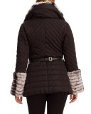 Aprés-Ski Rabbit-Trim Belted Jacket, Black