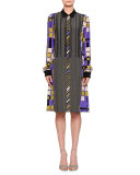 Long-Sleeve Mixed-Print Shirtdress, Lavender/Black