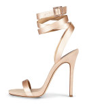 Leslie Satin Ankle-Wrap 120mm Sandal, Nude