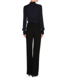 Silk Button-Front Tuxedo Blouse, Navy
