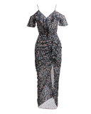 Ruched Floral Silk Cold-Shoulder Midi Dress, Black