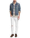 Paxtyn Destroyed Slim-Fit Denim Jeans, White