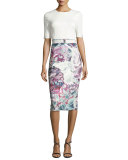 Darcele Luminated Bloom Floral-Print Belted Sheath Dress, White/Purple