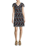 Cap-Sleeve Lace Sheath Dress, Medium Navy/Sage