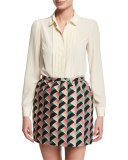 Long-Sleeve Pleated-Front Silk Blouse 