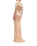 Beaded-Stripe Long-Sleeve Gown, Rose Gold