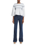 3/4-Sleeve Embroidered Peplum Top, White