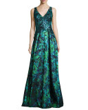 Sleeveless Sequined Floral Gown, Green/Blue