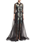 Floral-Embroidered Organza Trench Gown, Black
