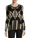 Geometric Jacquard Tunic Sweater, Black