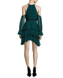 Elsa Cold-Shoulder Ruffled Chiffon Mini Dress, Everglade