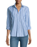 Eileen Long-Sleeve Striped Chambray Blouse, Blue