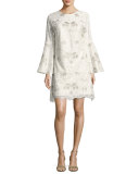 Libby Bell-Sleeve Floral Lace Cocktail Dress, White/Silver