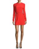 Long-Sleeve Embellished-Waist Mini Dress, Red
