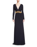 Long-Sleeve V-Neck Embellished-Waist Gown, Navy