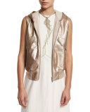 Metallic-Leather Hooded Utility Vest, Rose Gold