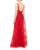 Lip-Appliqué Sleeveless Illusion Gown, Red