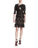Manila Floral-Lace Half-Sleeve Dress, Black