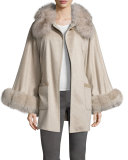 Belted Fox Fur-Trim Cashmere Cape, Taupe