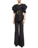 Ruffled Short-Sleeve Peplum Blouse, Black